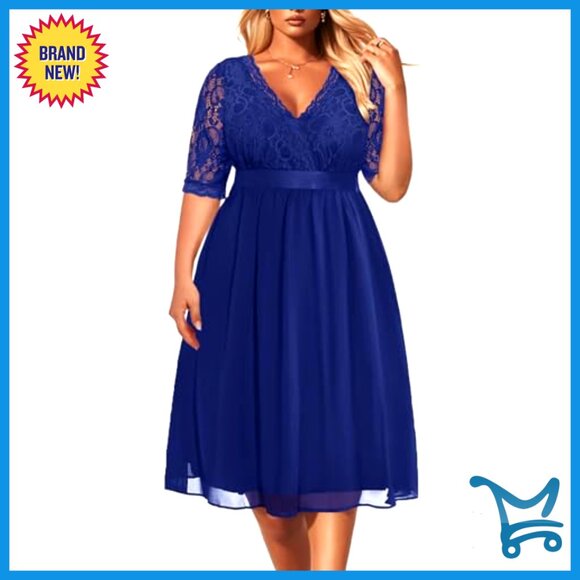 Lace Chiffon Wrap V Neck Midi Dress Elegant Cocktail Wedding Guest Plus Size - Picture 4 of 7